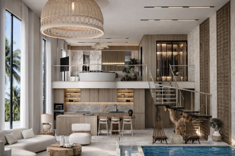 A spacious interior of a 4-room apartment with high ceilings, large windows, and an indoor pool.