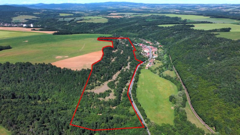 A view of agricultural and forest land in the Domaníky area with a landscape panorama.