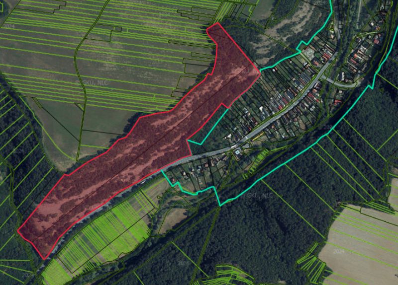 The aerial map of Domaníky shows agricultural and forest lands with marked parcels and vegetation.