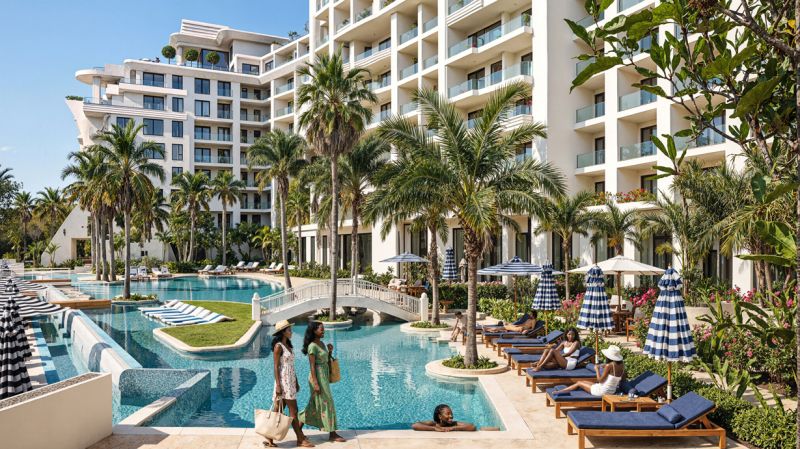 Elegant resort with a pool, palm trees, and relaxing guests.