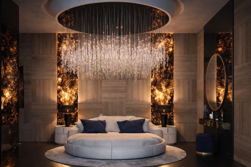 Luxurious bedroom with a dominant circular bed, a striking chandelier, and wooden decorations.