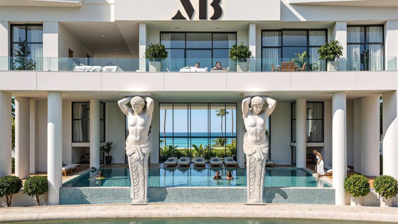 Luxury residence with a pool, sculptures, and sea view in Paje.