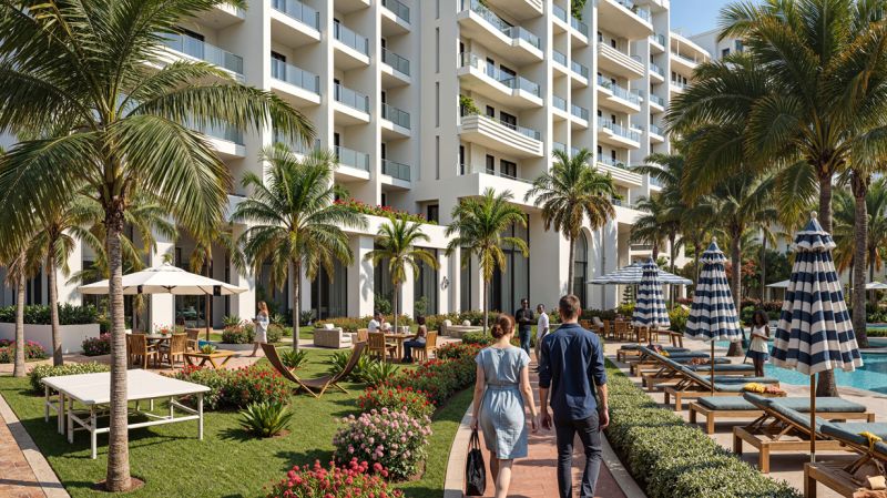 An apartment in Paje with palm trees and a swimming pool. In the foreground, a path leads past the terrace.