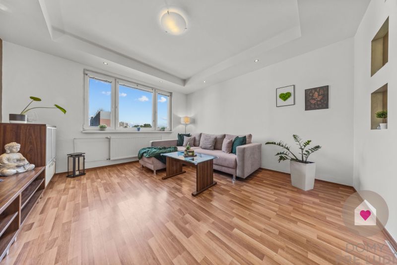 Living room of a 4-room apartment with a comfortable sofa and a wooden decor floor.