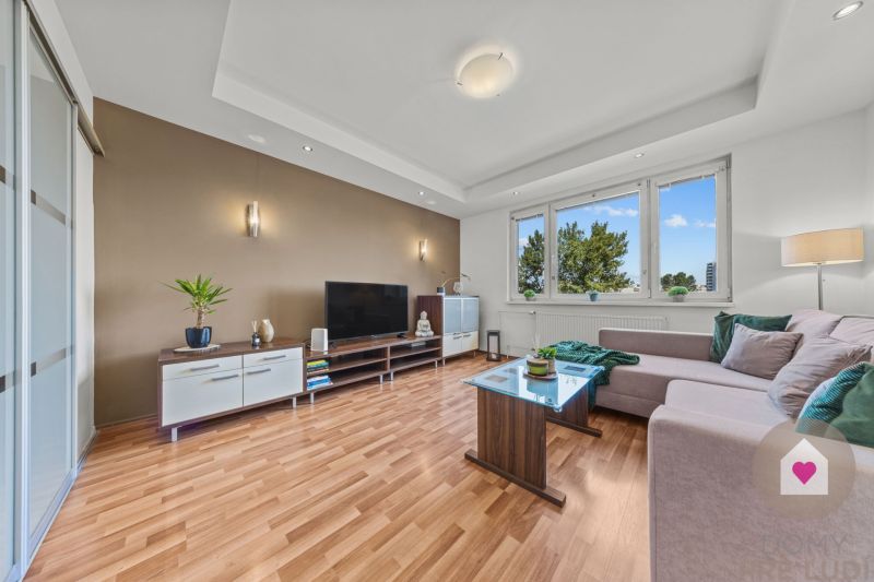 Living room in a 4-room apartment with a sofa and a wooden decor floor.