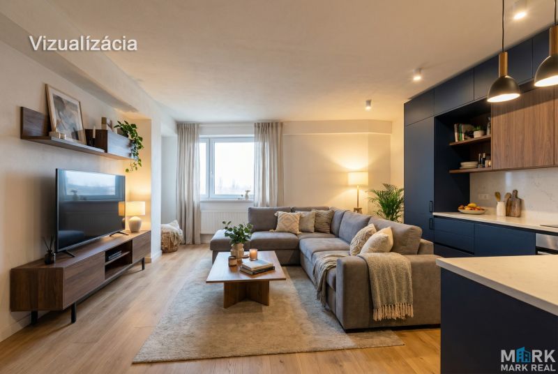 Living room in a two-room apartment with a wooden decor floor and a comfortable sofa.