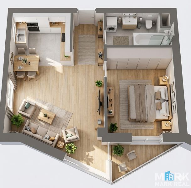 2-room apartment with wood-patterned flooring, kitchen, and living room.