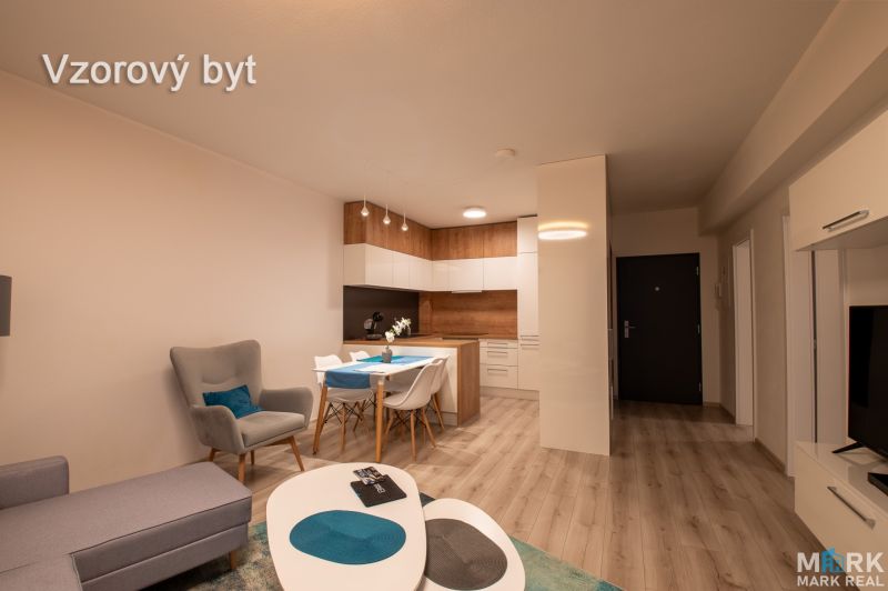 Interior of a 2-room apartment with wood-patterned flooring, a modern kitchen, and comfortable seating.