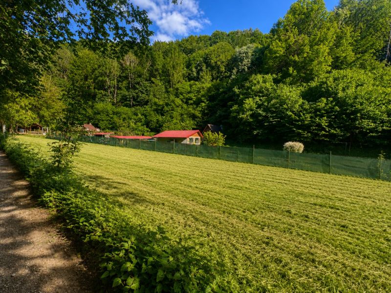 Garden plot on Kostiviarska Road in Banská Bystrica surrounded by greenery and forest.