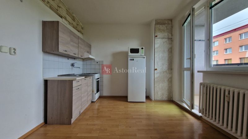 Kitchen with a countertop and appliances, floor with wood decor, radiator, balcony, 2-room apartment.