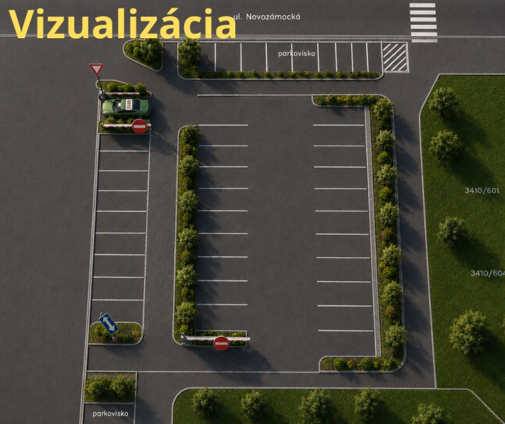 Parking lot on Novozámocká Street in Zvolen, Banská Bystrica Region, Slovakia surrounded by greenery.