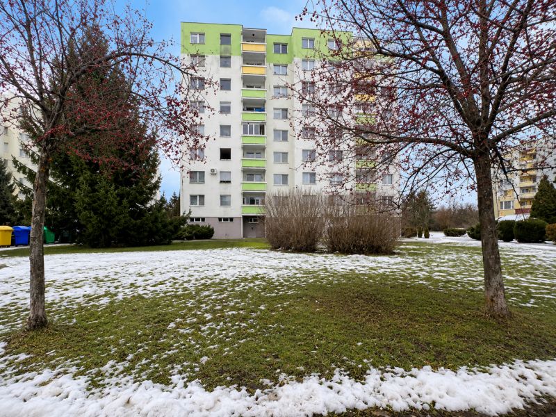 An apartment building surrounded by greenery and a snow-covered lawn on Novozámocká Street in Zvolen.