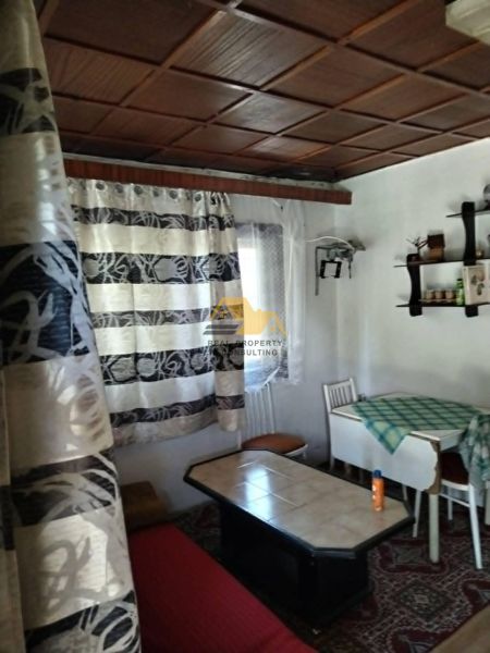 Living space in a cabin with a wooden ceiling and patterned curtains.