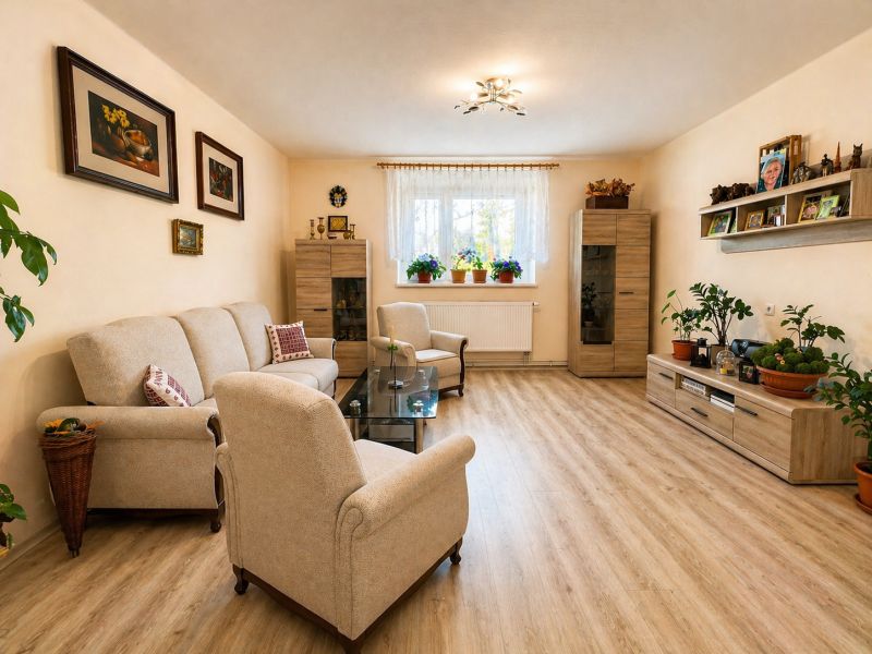 Living room in a family house with comfortable sofas and a wooden decor floor.
