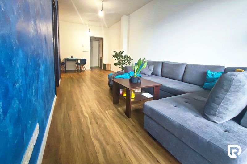 Living room with wood-patterned flooring and a blue wall in a two-room apartment.