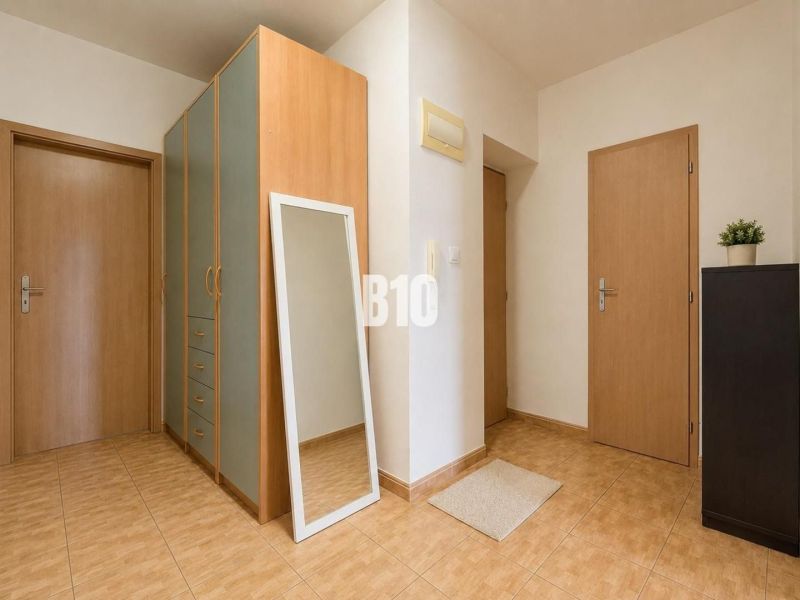 An entrance hall with a wardrobe and a mirror in a 2-room apartment with tiled flooring.