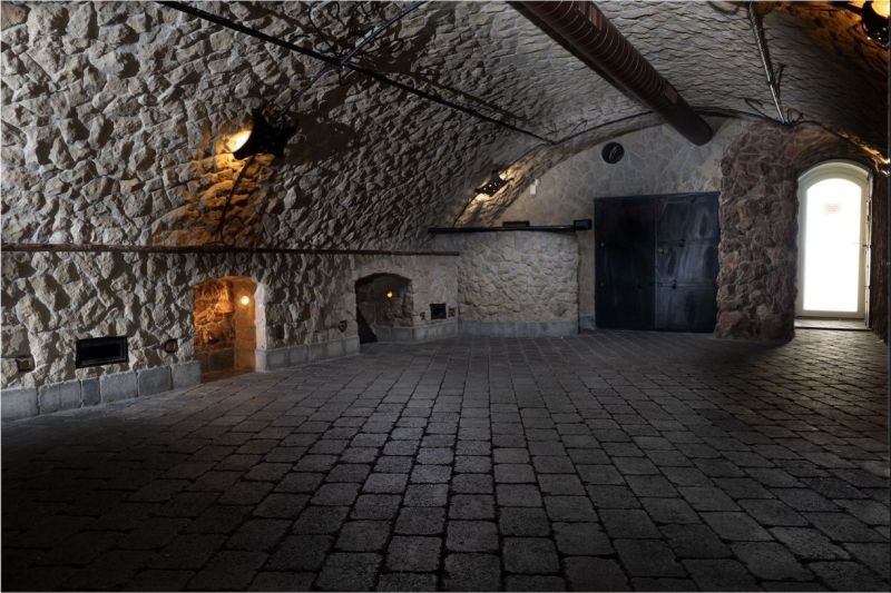 A stone cellar with a vaulted ceiling and paving in the building.