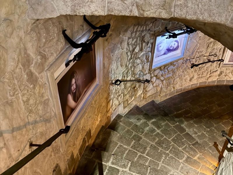 A stone staircase in a building with decorative light fixtures and female portraits on the walls.