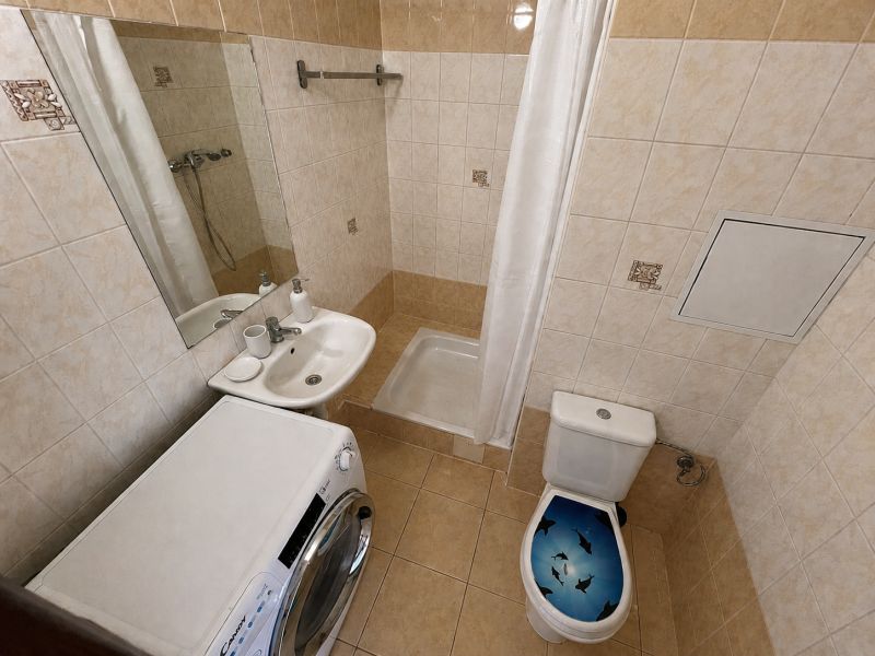 Bathroom in a studio apartment with a shower, washing machine, and toilet.