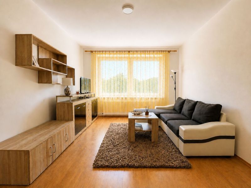 Living room with a sofa, table, and shelving system in a studio apartment.