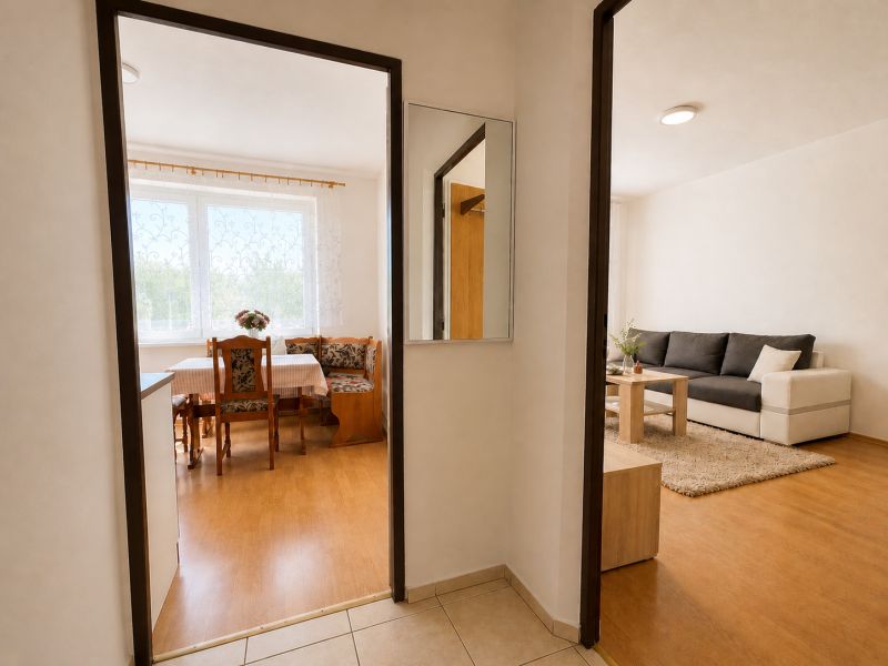 Interior of a 1-room apartment with a wooden decor floor, dining table, and sofa.