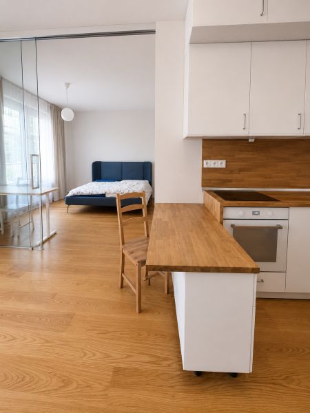 Living space in a 2-room apartment with a kitchenette and a floor with a wooden decor.