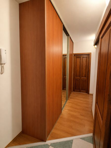 A narrow hallway with sliding wardrobes and a floor with wooden decor in a 2-room apartment.