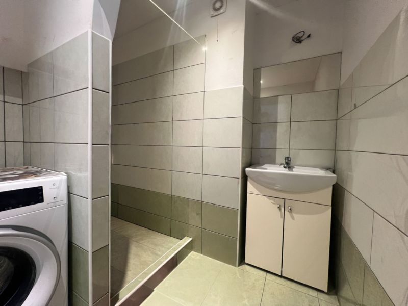 A bathroom in a 2-room apartment with a sink, shower, and washing machine.