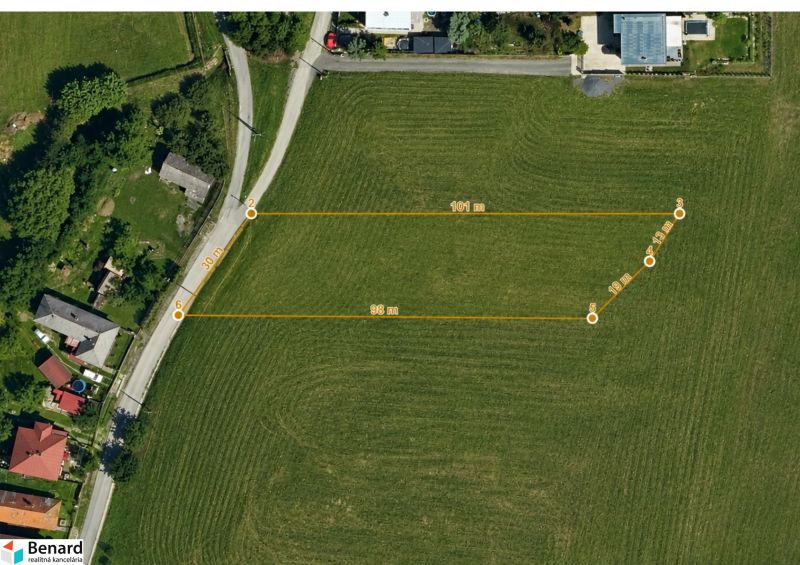Aerial view of plots - housing in Fintice with marked dimensions.