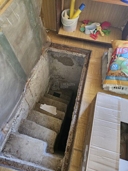 Concrete stairs in the cottage leading to the basement, surrounded by stored items.