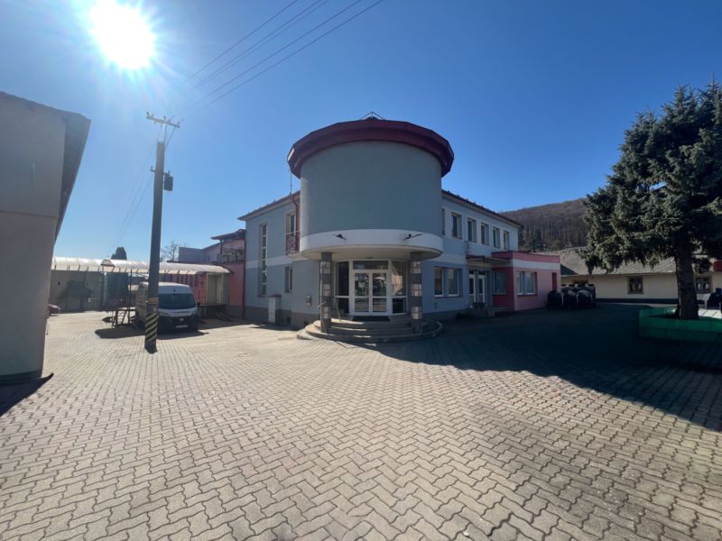 Production premises in Kremnička, Banská Bystrica surrounded by a paved courtyard and trees.
