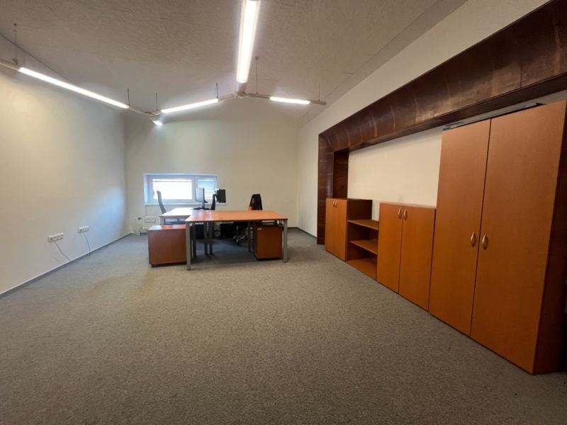Office manufacturing space with a desk, carpeted floor, and cabinets.