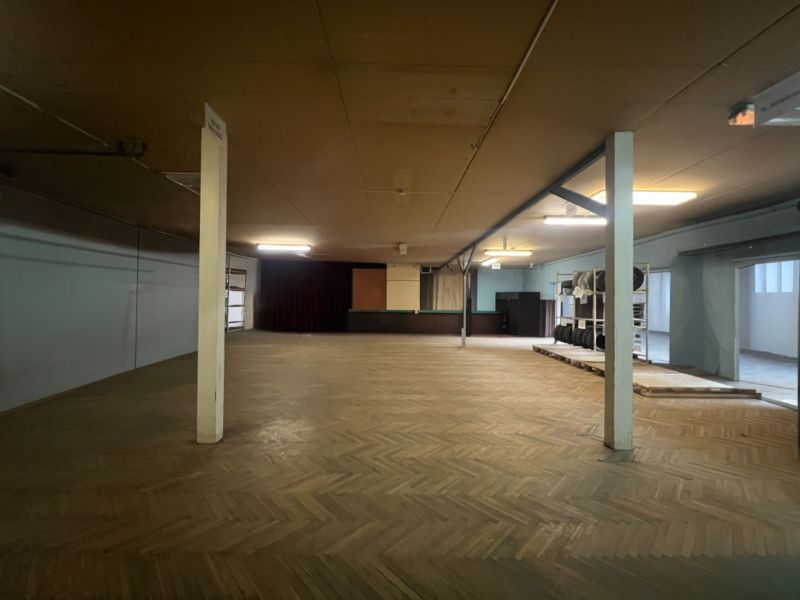 Production premises with wood decor flooring and lighting.