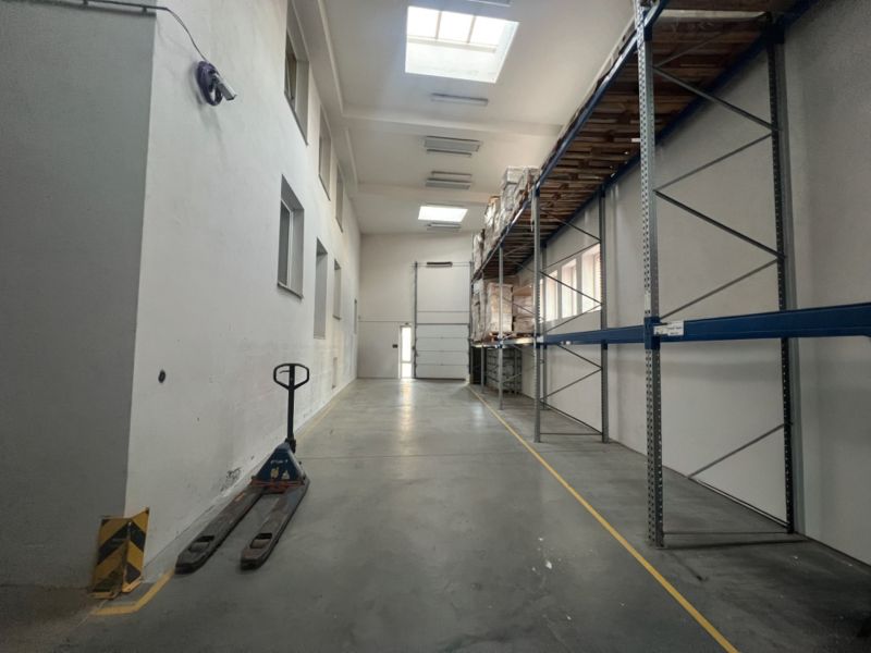 Warehouses and halls with racks and a pallet truck.