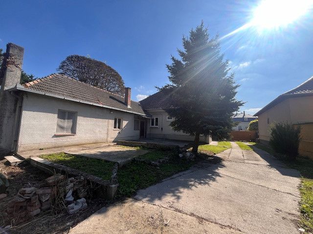 A family house in Vrakúňa with a concrete yard and a large coniferous tree.