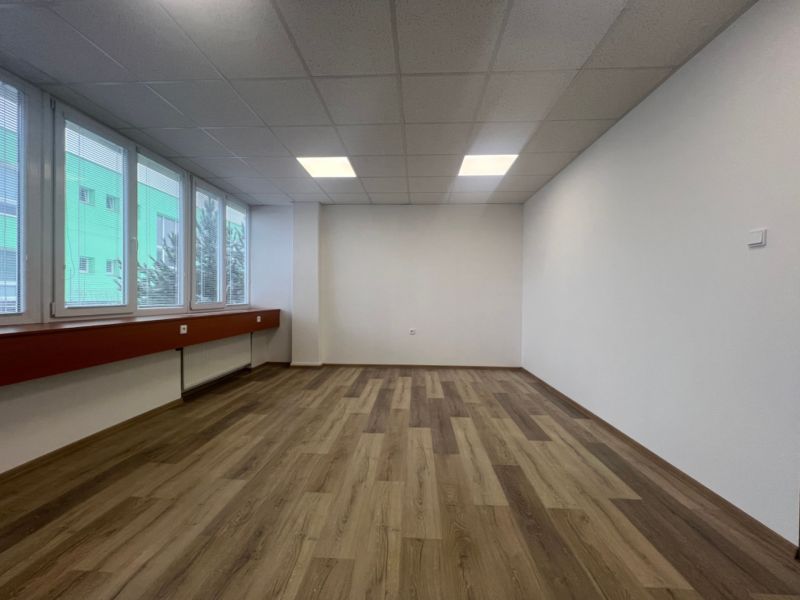 Offices with large windows and wooden decor flooring.