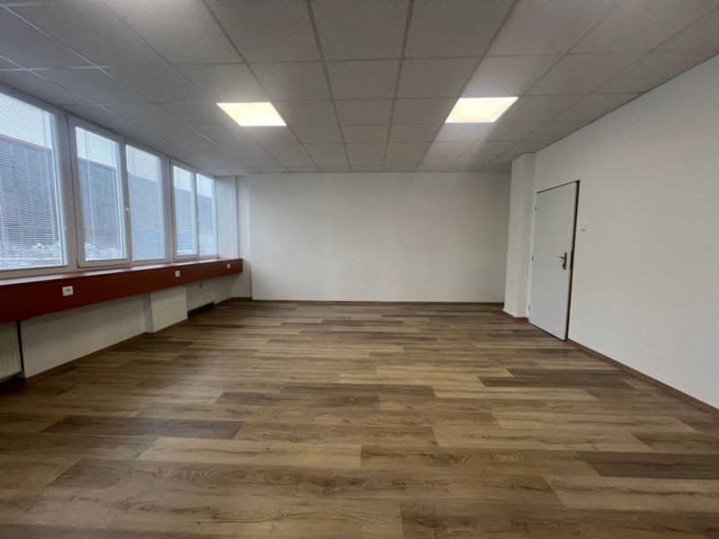 Offices with light walls and wood-patterned flooring, glass windows, and a white ceiling.