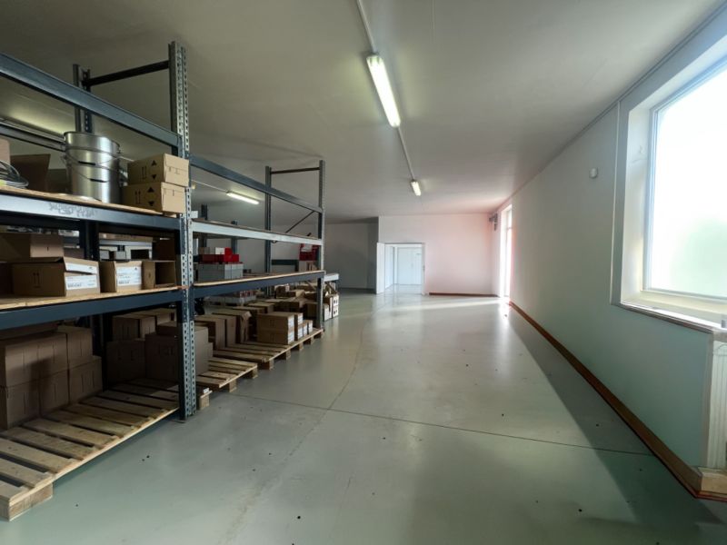 Glass shelves with boxes in warehouses and halls, illuminated by natural light.