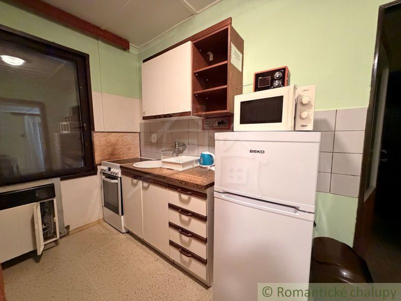 A kitchenette with appliances in a cottage, floor with wood decor.