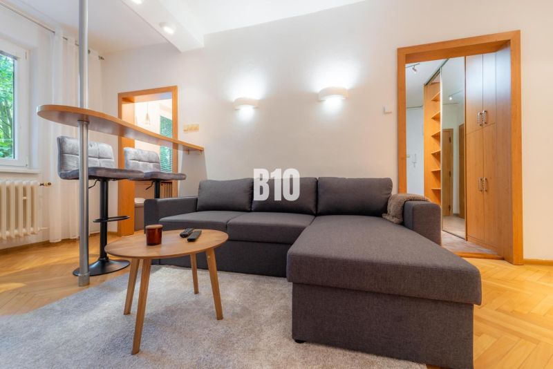 Living room with a sofa, bar counter, and wooden decor flooring in a 2-room apartment.