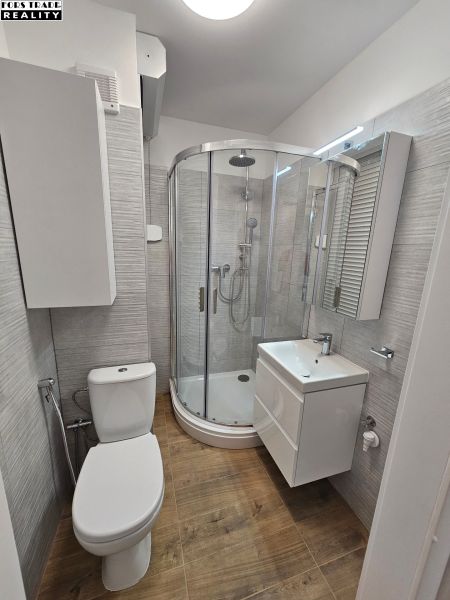 A bathroom in a studio apartment with a wooden decor floor, a shower corner, and a sink.