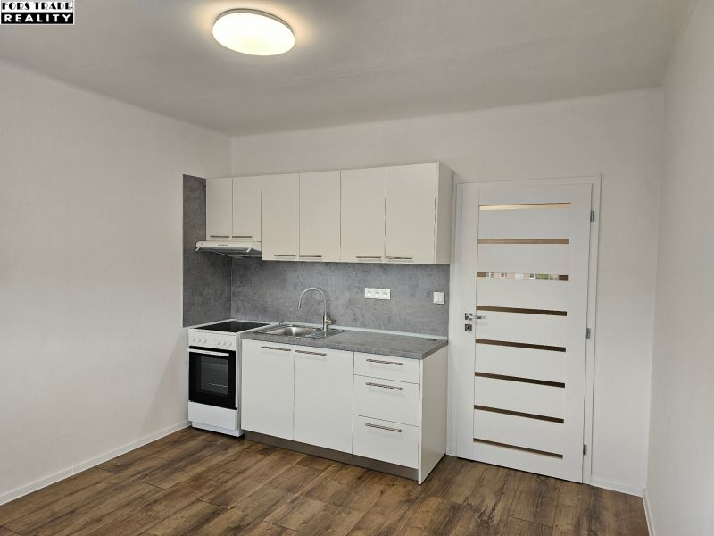 Studio apartment with a kitchenette, white cabinets, and a floor with a wood decor.