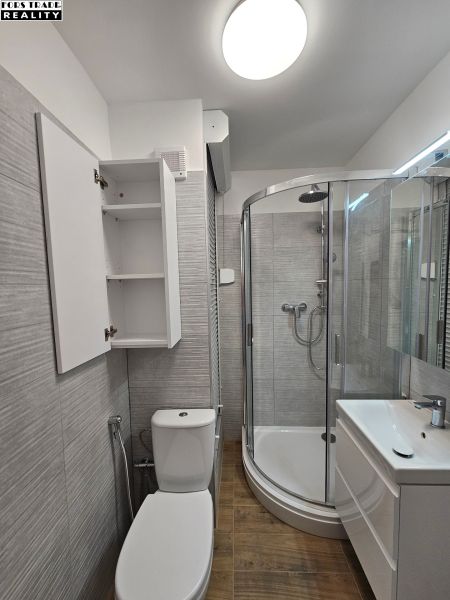 Bathroom with toilet, shower, and cabinet in a studio apartment with a wooden decor floor.