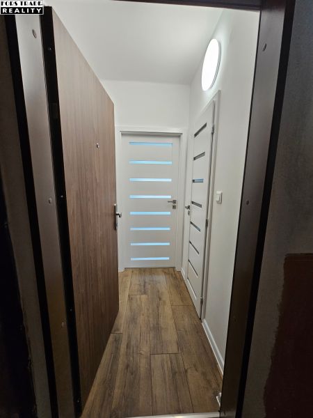The entrance hallway of a studio apartment with a wooden-patterned floor and white doors.