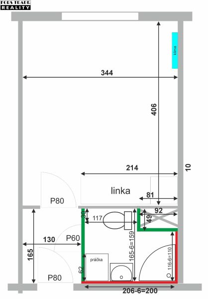 Layout of a studio apartment with a kitchenette and a bathroom containing a washing machine and a toilet.