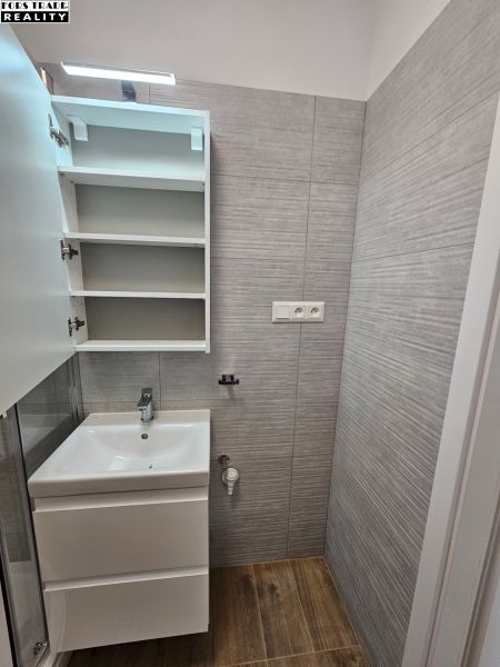 A bathroom in a studio apartment with a sink and a wooden decor floor.