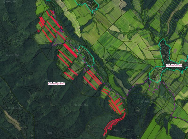 Agricultural and forest lands in the area of Bogliarka and its surroundings on a satellite map.