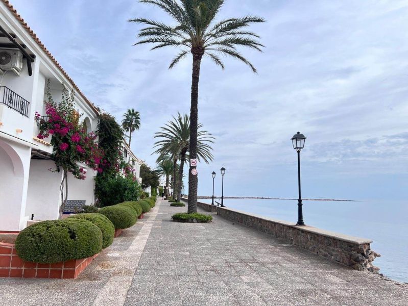Seaside promenade in La Manga del Mar Menor, Spain, lined with palm trees and lamps.