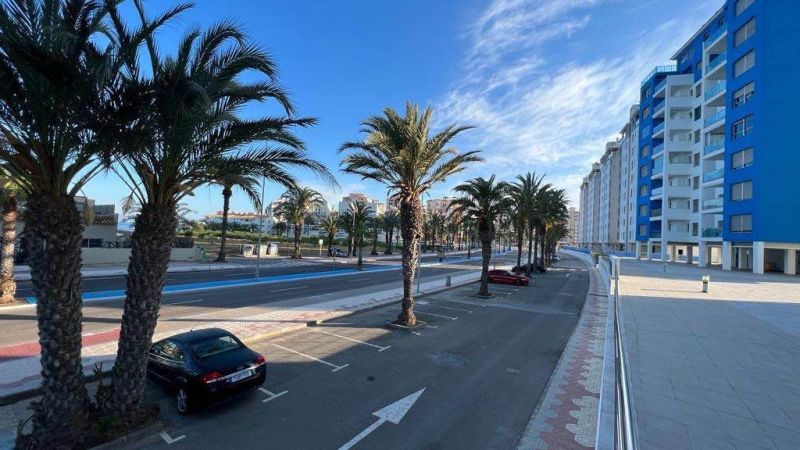 Palm trees and cars parked along the road near apartments in La Manga del Mar Menor, Spain.
