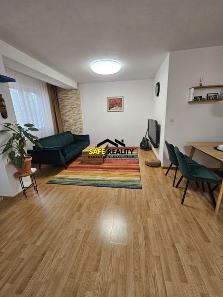 Living room of a three-room apartment with a colorful carpet and a wooden decor floor.